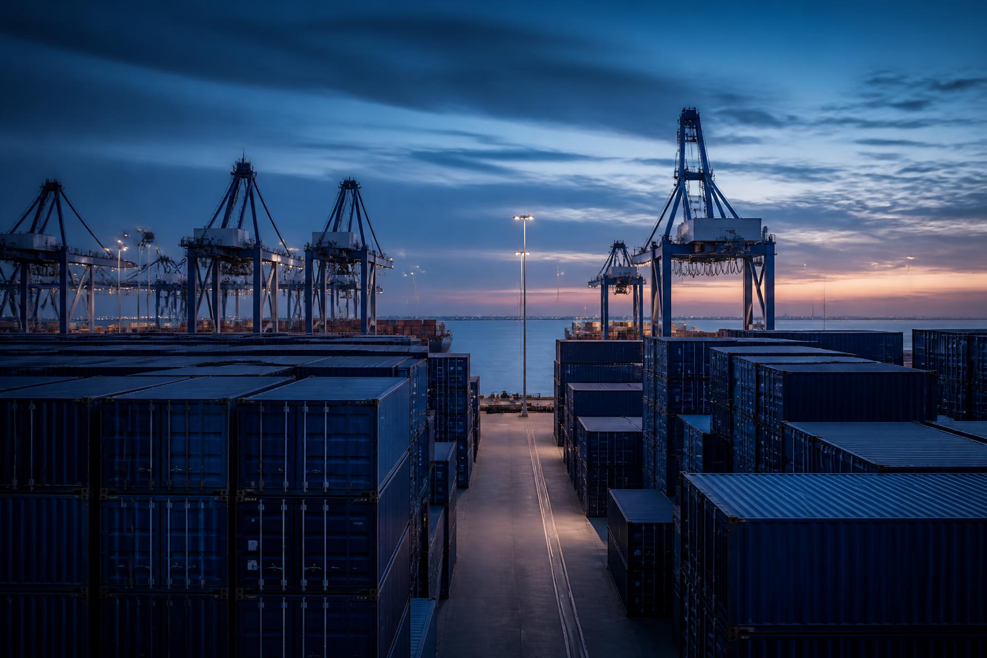 Containers stacked at a commercial port at dusk